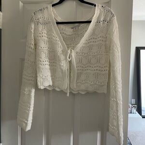 White crochet crop tie front sweater top size small